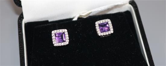 A pair of 18ct white gold, amethyst and diamond square-set stud earrings, 8mm.